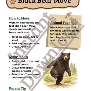 K&ouml;nnte beinhalten: Lehrreiches Poster mit dem Titel "Black Bear Move" mit Anweisungen, wie man sich wie ein B&auml;r bewegt. Enth&auml;lt eine Illustration eines Schwarzb&auml;ren, Tierfakten und Tipps f&uuml;r Eltern. Das Poster soll k&ouml;rperliche Aktivit&auml;t f&ouml;rdern.