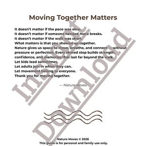 May include: A white document with the title "Moving Together Matters" in a dark font. The text describes the importance of connection and movement. The document includes the Nature Moves logo and copyright information.