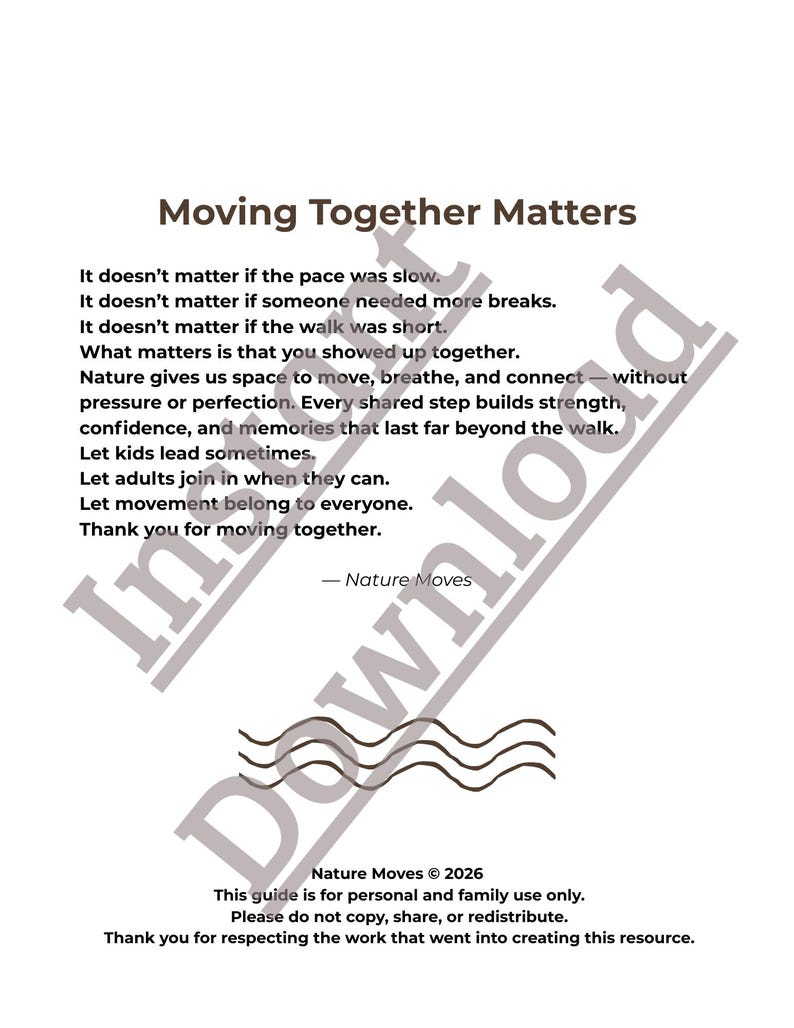 May include: A white document with the title "Moving Together Matters" in a dark font. The text describes the importance of connection and movement. The document includes the Nature Moves logo and copyright information.