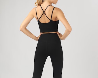 Ensemble de yoga 2 pièces pour femmes, leggings taille haute avec poche latérale, bralette de yoga Strappy Back