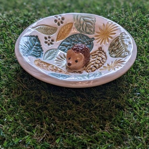 Handmade Ceramic Hedgehog and Leaf Trinket Dish