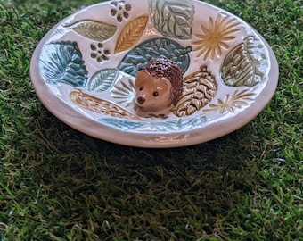 Handmade Ceramic Hedgehog and Leaf Trinket Dish