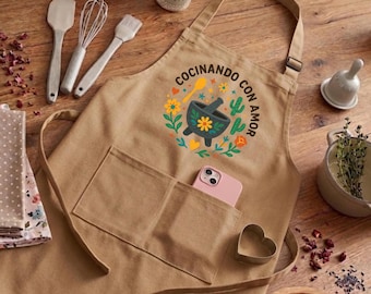 Handmade Mexican Apron – Molcajete, Cactus, Floral Design, Cocinando Con Amor Kitchenwear