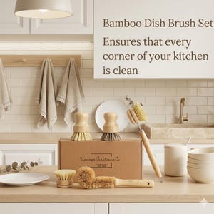 May include: A bamboo dish brush set with a variety of brushes, including a round brush, a long-handled brush, and two scrub brushes. The set is displayed on a wooden countertop with a box that reads "Uaneye Creations Co."