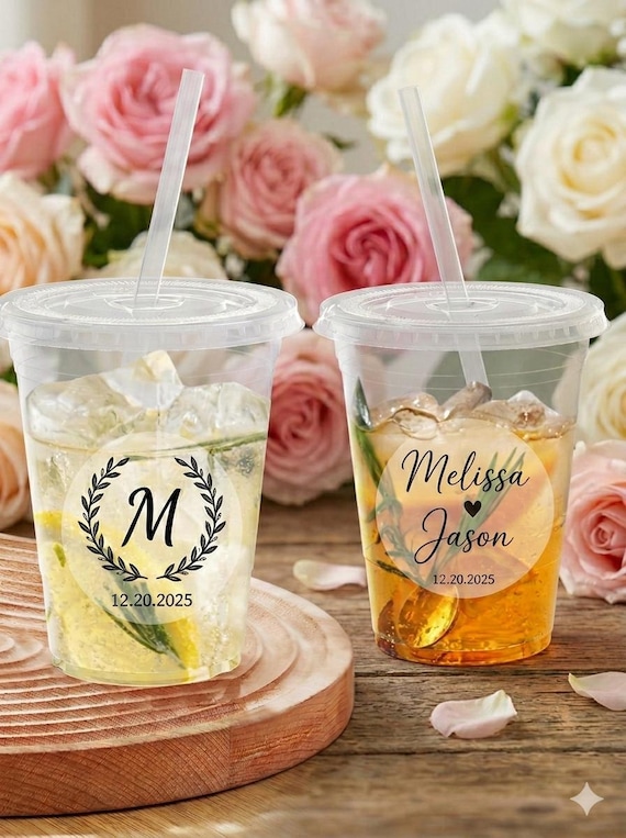 2" Custom Wedding Favor Stickers -Black Ink Only, Personalized Clear Labels for Plastic Cups, Popcorn Bags, and Cookie Favors - Minimalist