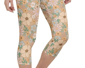 Calça legging Juna Capri feminina, comprimento até a panturrilha, marrom claro, cores neutras, estilo boho vintage retrô, floral | Calça meia-calça elástica macia em 4 direções