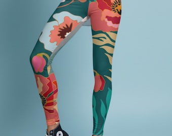 Anaïs Leggings ~ Women's Colorful Jewel Tones Bold Florals Tropical 4-Way Stretchy Soft Mod Boho Elevated Casual Cute Statement Tights Pants
