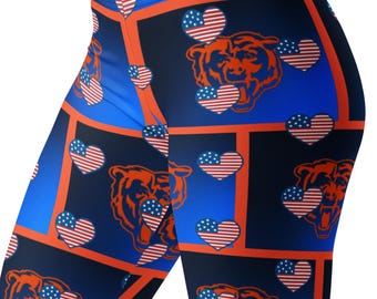 I Heart Chitown Bears Leggings ~ Women's Orange Blue Blk NFL Chicago Football Fan Game Day Tailgate Sports Printed Stretchy Tights Pants Her