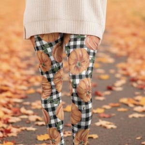 Pumpkin Patched Leggings ~ Women's B/W Orange Buffalo Plaid Cozy Autumn Fall Harvest Houndstooth Winter Squash Fall Stretchy Tights Pants