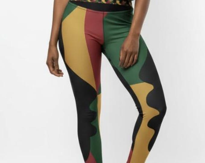 Red Green Black Leggings, One Love | Women’s Reggae Caribbean Inspired Print | Jamaican Festival Boho High Waist Statement Tights