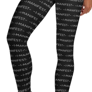 I Manifest Leggings, Black ~ Women&#39;s Teen Law of Attraction Frequency Vibration Spiritual Prayer Tights /Buttery Soft Printed Stretch Pants