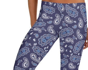 Navy Heist Leggings ~ Women&#39;s Timeless On-Trend Casual Cowgirl Bandana Boho Cozy Paisley Kerchief Urban Retro Printed Stretchy Tights Pants