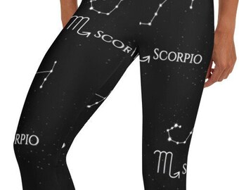 Leggings Scorpio Energy ~ Pantalones ajustados elásticos con estampado de estrellas celestiales, con diseño de astrología, zodiaco, horóscopo y estrellas, para mujer, informales, en blanco y negro