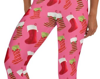 Christmas Stockings Leggings, Pink ~ Women&#39;s Teen Xmas Festive Holiday Fashion /Buttery Soft Cozy Tights /Cute Stretchy Pants / Gift for Her