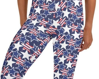 American Woman Leggings ~ Women&#39;s Casual Cozy Wear Red White Blue USA Proud Stretchy Tight Pants | July 4 Holiday Patriot Political Festival