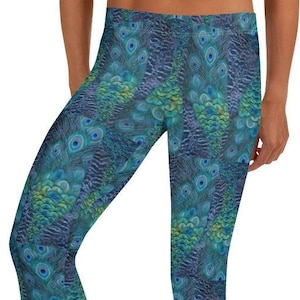 Pomp & Peacock Leggings, Blue ~~~ Women&#39;s Teen Bird Animal Print Tight Stretch Pants / Halloween Holiday Costume Party / Cute Mod Boho Look
