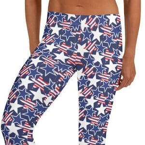 American Woman Leggings ~ Women&#39;s Casual Cozy Wear Red White Blue USA Proud Stretchy Tight Pants | July 4 Holiday Patriot Political Festival
