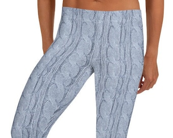 Best Seller! Marni&#39;s Leggings ~ Women&#39;s Cornflower Blue *PRINTED* Cable Knit Crochet Graphics Casual Stretchy Tight Athleisure Legwear Pants