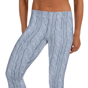 Best Seller! Marni's Cable Knit *PRINTED* Leggings, Cornflower Blue ~ Women's Casual Cozy Wear Cute "Crochet" Abstract Stretchy Tight Pants