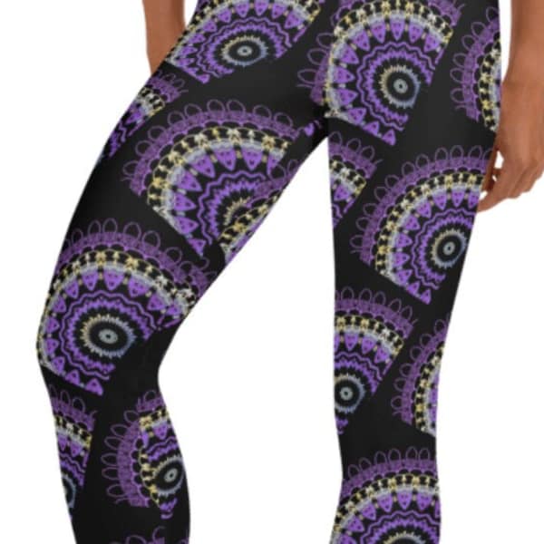 Berlin Leggings ~ Women's Casual Cozy Wear Cute Purple Black Abstract Stretchy Tight Pants | Mod Boho Contemporary Lagenlook Style for Her