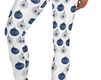 C*wb*ys Christmas Wish Leggings, White ~Women’s Teen Blue White NFL Football Fan Sports Leggings / Cute Stretch Pants / Holiday Gift for Her