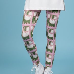 Scandi Sandi Leggings ~ Women's Pink Green Abstract Artsy Nordic Floral Botanic Grids Motifs  Stretchy Tights Pants | Mod Boho Chic Legwear