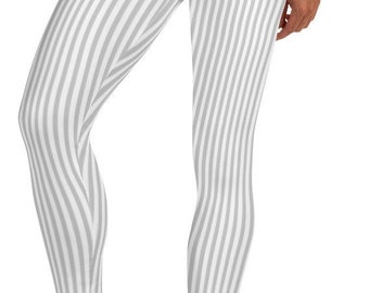 Best Seller! Classic Gray White Striped Leggings ~ Women&#39;s Modern Casual Contemporary Chic Timeless Stylish Printed Stretchy Tight Pants Her