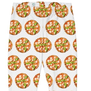 Pizza Pie Leggings, White ~ Women&#39;s Thin Crust Margherita  Italian Cheesy Junk Fast Food Flatbread Printed Stretchy Tight Pants | Fest Party