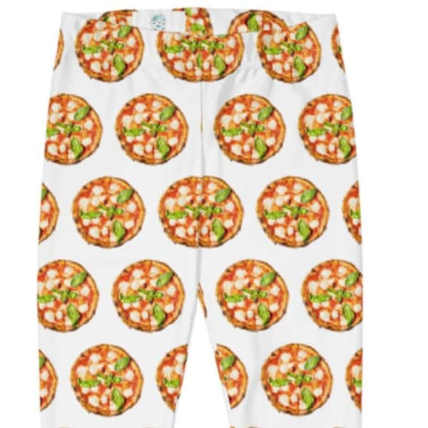 Pizza Pie Leggings, White ~ Women's Teen Favorite Italian Junk Food Printed Stretchy Pants / Festivals, Themed Party, Halloween Costume Look