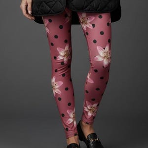 Presley's Polka Dot Leggings ~ Women's Dark Pink Raspberry Black Dotted Stargazer Lilies | Timeless Elevated Casual Soft Statement Tights