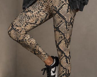 Snakeskin Print Leggings ~ Brooklyn's | Women's Brown Black Python Animal Print 4-Way Stretch Pants Soft Statement Athleisure Legwear