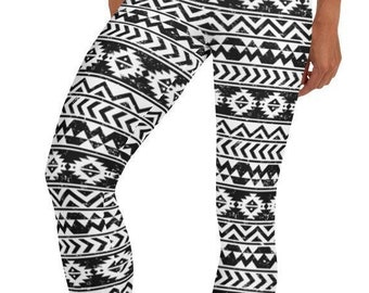 Auggie&#39;s Aztec Leggings, Black White ~ Women&#39;s Casual Wear Cute Geometric Fashion Stretchy Tight Pants | Mod Boho  Lagenlook Style for Her