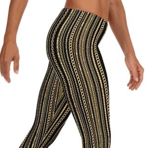 Black Gold Glam Chain Leggings ~ Women&#39;s Cozy Cute Printed Jewelry Links Stretchy Tight Pants | Mod Boho Contemporary Timeless Look for Her
