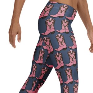 Pink Cowgirl Boots Leggings ~ Women&#39;s Country Western Farm Girl Printed Graphics Stretchy Tights Pants | Cute Outdoorsy Athleisure Legwear