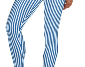 Classic Blue & White Striped Leggings ~ Women's Casual Cute Cozy Wear Timeless Contemporary Stretchy Tight Pants | Mod Boho Lagenlook Style