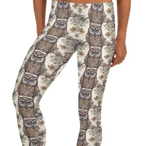 Owl of Athena Leggings ~ Women&#39;s Casual Cozy Wear Cute Animal Bird Hooter Print Nature Stretchy Tight Pants | Wisdom Wise Luck Mod Boho Look