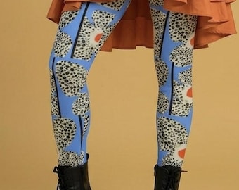 Mod Meadow Leggings ~ Women's Cerulean Sky Blue Abstract Botanical Forms + Stippling Dots | Artsy Stylish Contempo Elevated Casual Legwear