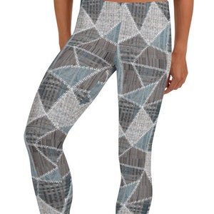 Faded Patchwork Leggings ~ Women&#39;s Artsy Blue Gray Taupe Abstract Geometric Mosaic Jigsaw PRINTED Graphics Texture Stretchy Tights Pants Her