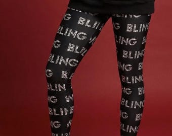 Bling Bling Leggings ~ Women's Black Silver Bold Sparkly Glittery Flashy Over The Top Diamonds Print | Urban City Girl Hip-Hop Stretch Pants