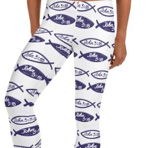 Johannes 3:16 bijbelvers legging ~ dames blauw wit spirituele vis print bijbels christelijk geloof geloof gebed eeuwig leven elastische panty