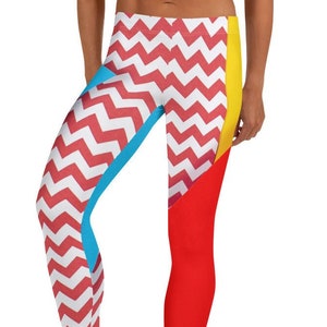 Zigged Out Leggings, Red ~ Women's Casual Cozy Wear Cute Whimsical Zig Zag Halloween Party Clown Jester Costume Party Stretchy Tight Pants