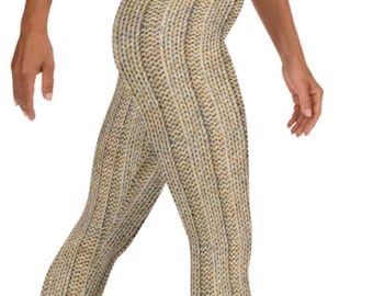 Carla&#39;s Leggings ~ Women&#39;s Cute Beige *PRINTED* Cable Knit Crochet Graphics Casual Cozy Wear Abstract Stretch Tight Athleisure Legwear Pants