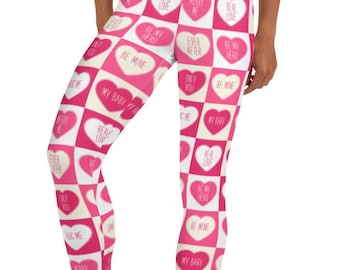 Leggings Vivian per San Valentino, rosa ~ Abbigliamento casual da donna, carino, astratto, con cuore, stampato, elastico, stretto, mod, boho, athleisure, lei