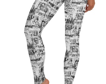 Newspaper Print Leggings, Black, White | Women&#39;s Casual Cozy Wear Cute Abstract Fashion Stretchy Tight Pants | Soft Athleisure Gift for Her