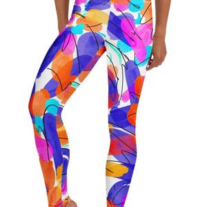 Colorful Life Leggings ~ Women's Cozy Wear Cute Bold Bright Water Color Abstract Floral Printed Graphic Pattern Stylish Stretchy Tight Pants