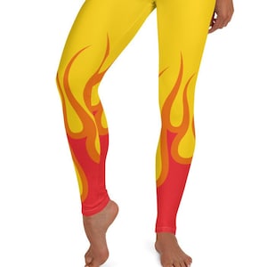 Hot Girl Flame Leggings, Yellow & Red ~ Women&#39;s Teen Fire Print Abstract Stretchy Pants / Hot Rod Sexy Racing Look / Buttery Fashion Tights