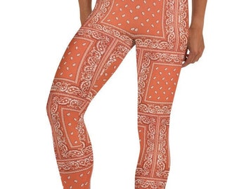 Orange Heist Leggings ~ Women&#39;s Cowgirl Bandana Classic Cozy Paisley Kerchief Retro Print Stretchy Graphic Casual Tights Athleisure Pants