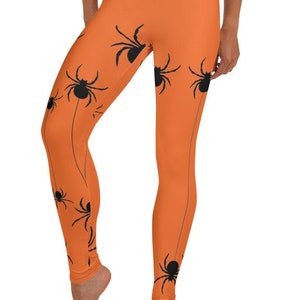 Black Spider Leggings, Orange ~ Women&#39;s Cozy Wear Casual Cute Crawling Halloween Costume Insect Trick or Treat Stretchy Tight Pants Look Her