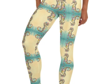 Leggings Splash Seahorse ~ Pantalones elásticos casuales y lindos con estampado marino y acuático para mujer, estilo playero/bohemio moderno y athleisure