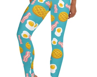Top Seller! Eggs Bacon Waffles Breakfast Brunch Leggings - Women&#39;s Casual Cute Blue Weekend Resto Foodie Wear Printed Stretchy Tights Pants